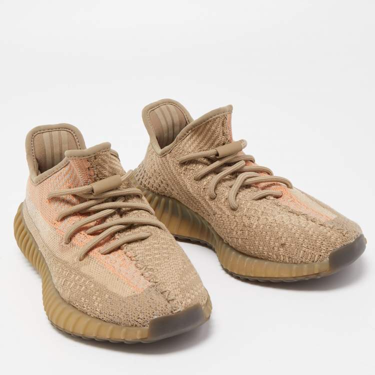 Pre Owned Yeezy x Adidas Brown Knit Fabric Boost 350 V2 Sand Taupe Sneakers Size 38 2/3