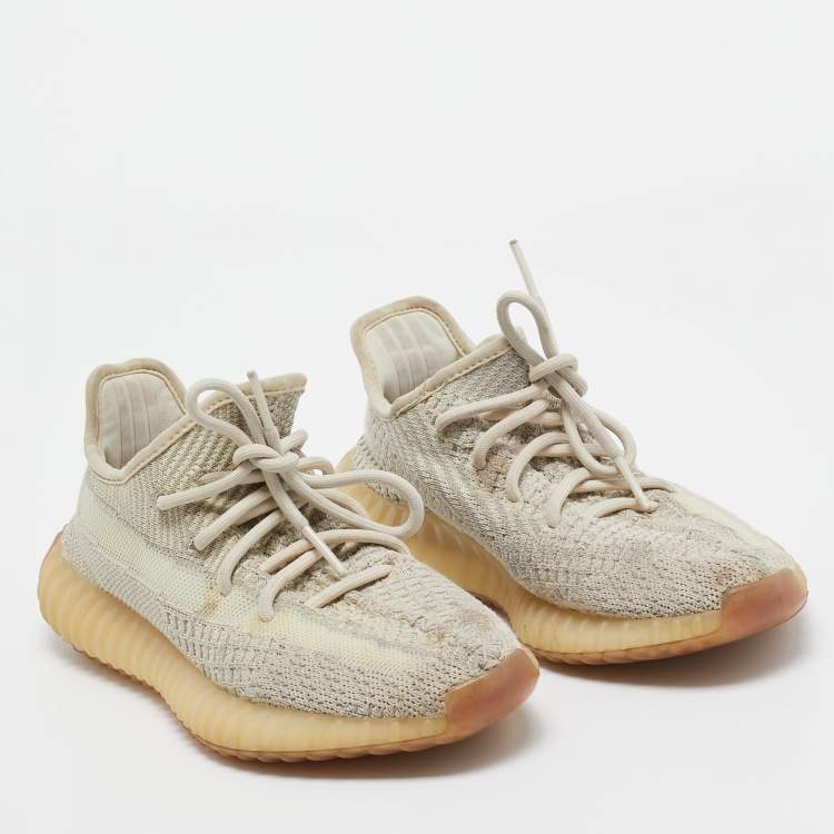 Pre Owned Yeezy x adidas Beige/Grey Knit Fabric Boost 350 V2 Citrin Sneakers Size 371/3
