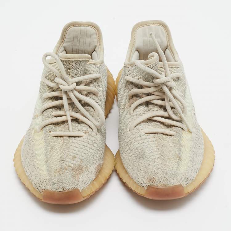 Pre Owned Yeezy x adidas Beige/Grey Knit Fabric Boost 350 V2 Citrin Sneakers Size 371/3