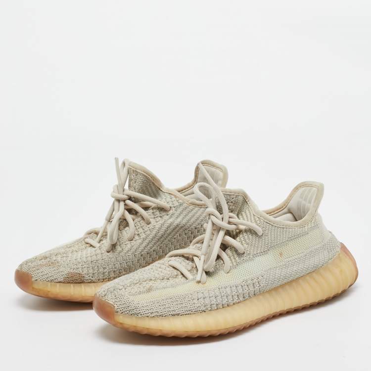 Pre Owned Yeezy x adidas Beige/Grey Knit Fabric Boost 350 V2 Citrin Sneakers Size 371/3