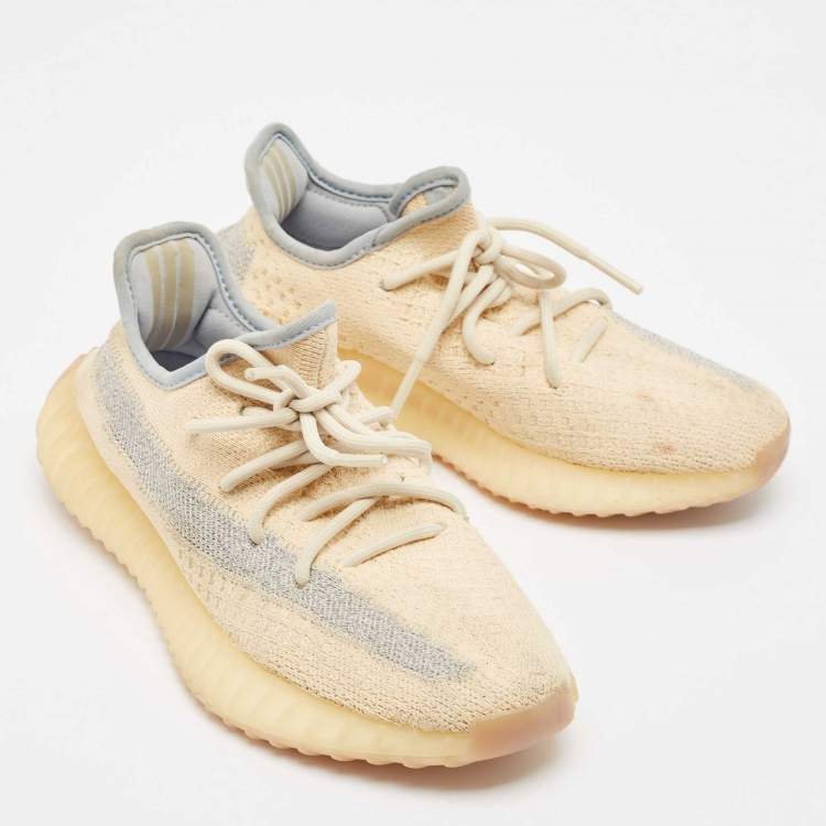 Pre Owned Yeezy x Adidas Light Yellow Knit Fabric Boost 350 V2 Linen Sneakers Size 37 1/3