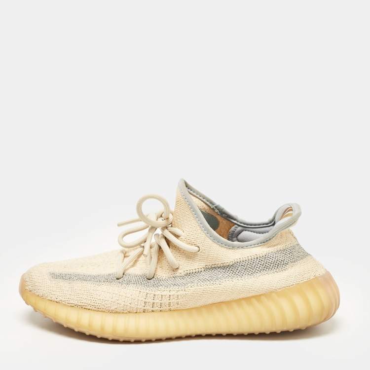 Pre Owned Yeezy x adidas Light Beige Knit Fabric Boost 350 V2 Linen Sneakers Size 39 1/3