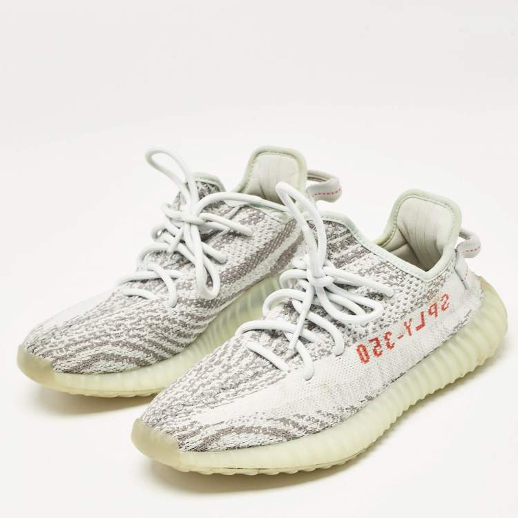 Pre Owned Yeezy x Adidas Grey/Blue Knit Fabric Boost 350 V2 Blue Tint Sneakers Size 39 1/3