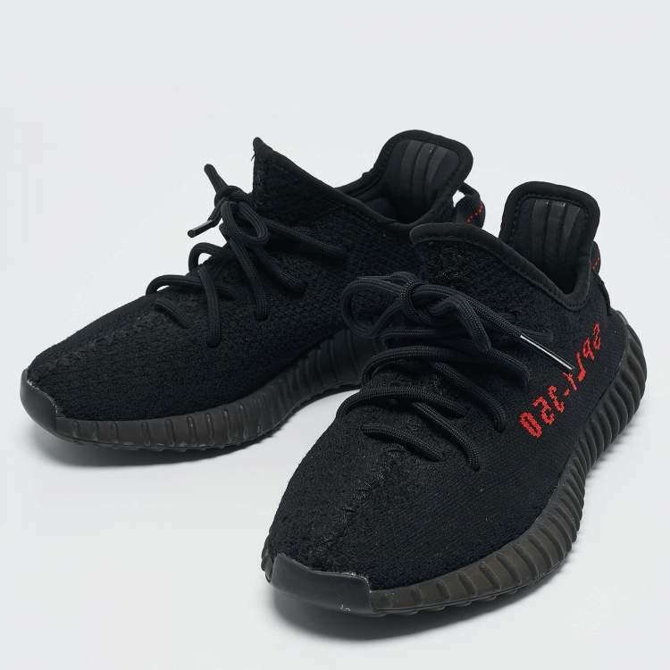 Pre Owned Yeezy x Adidas Black/Red Knit Fabric Boost 350 V2 Bred Sneakers Size 36 2/3