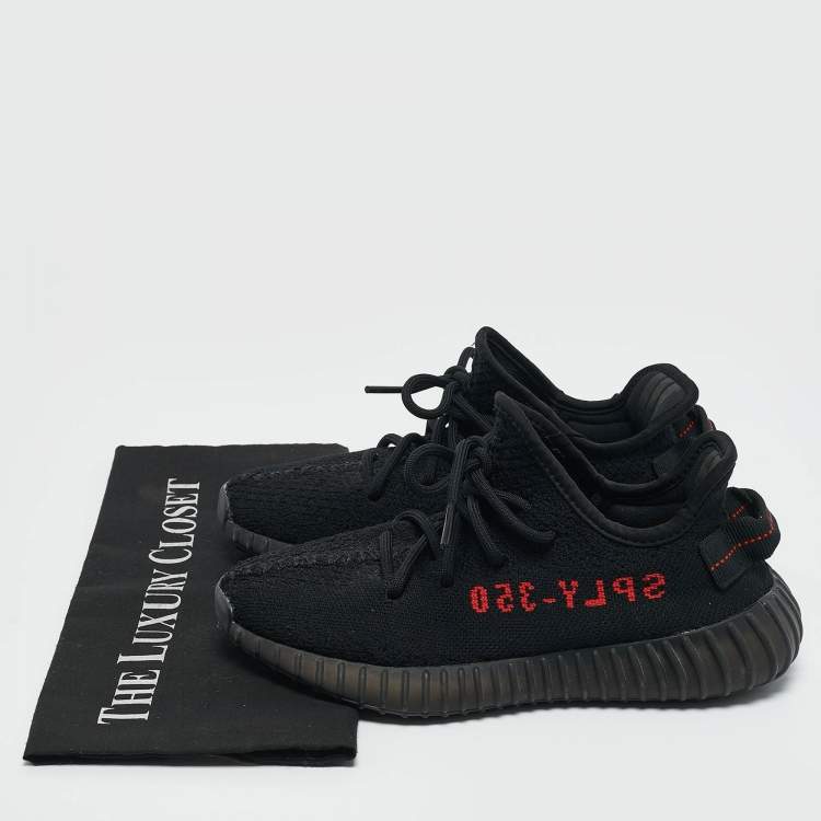 Pre Owned Yeezy x Adidas Black/Red Knit Fabric Boost 350 V2 Bred Sneakers Size 36 2/3