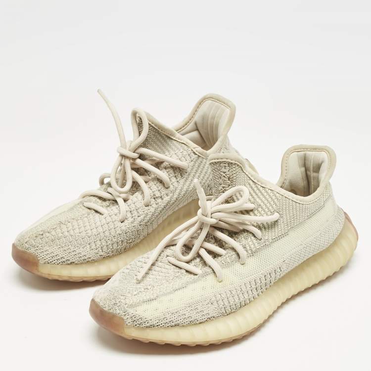 Pre Owned Yeezy x Adidas Beige Knit Fabric Boost 350 V2 "Citrin" Low Top Sneakers Size 39 1/3