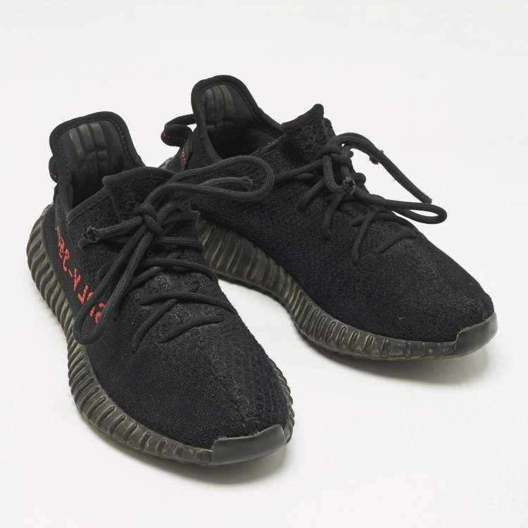 Pre Owned Yeezy x Adidas Black/Red Knit Fabric Boost 350 V2 Bred Sneakers Size 40 2/3
