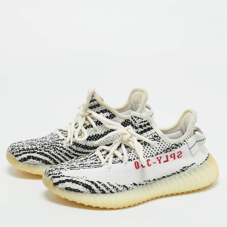 Pre Owned Yeezy x Adidas White/Black Knit Fabric Boost 350 V2 Lace Up Sneakers Size 38.5