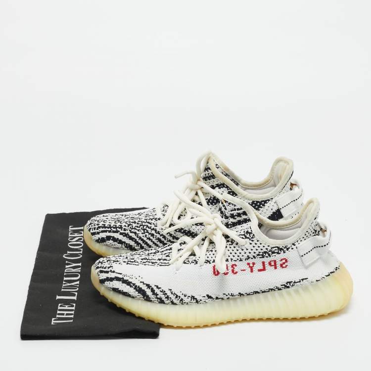 Pre Owned Yeezy x Adidas White/Black Knit Fabric Boost 350 V2 Lace Up Sneakers Size 38.5
