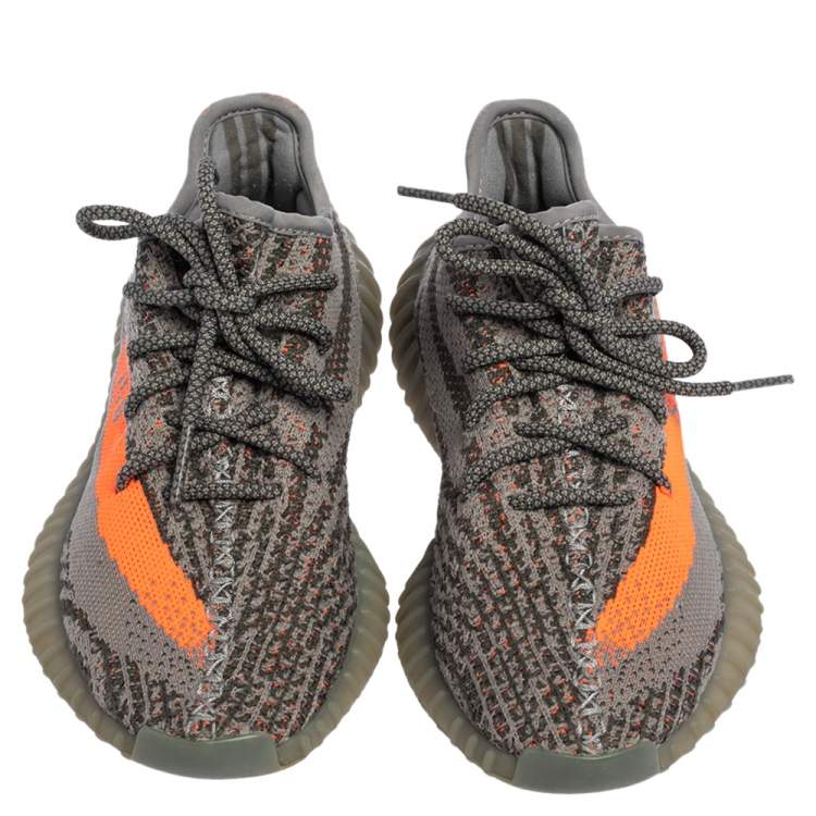 Pre Owned Yeezy x adidas Grey/Orange Knit Fabric Boost 350 V2 Beluga Sneakers Size 38