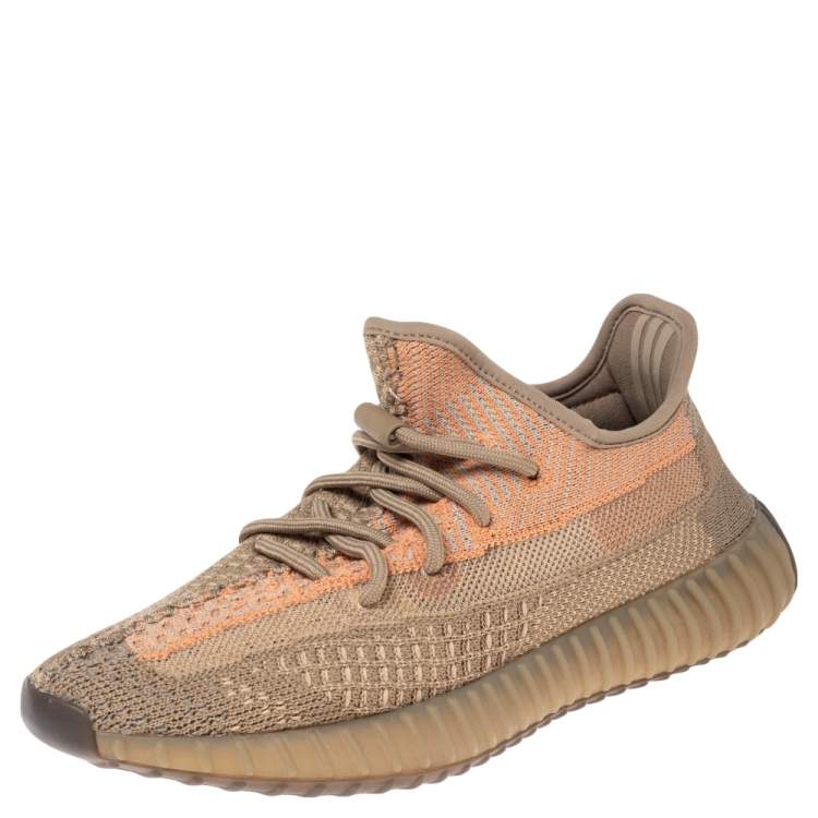 Pre Owned Yeezy x Adidas Brown Knit Fabric Boost 350 V2 Sand Taupe Sneakers Size 38 2/3