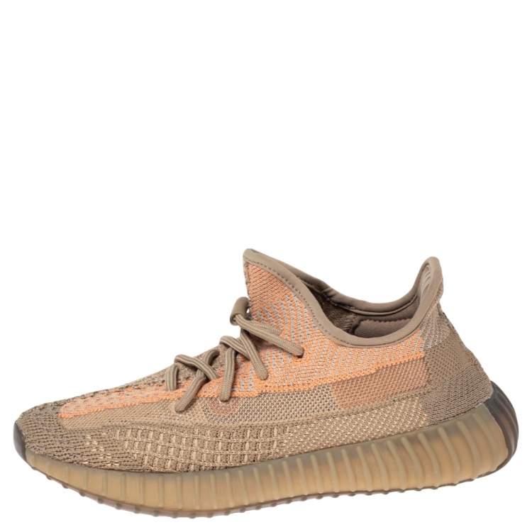 Pre Owned Yeezy x Adidas Brown Knit Fabric Boost 350 V2 Sand Taupe Sneakers Size 38 2/3