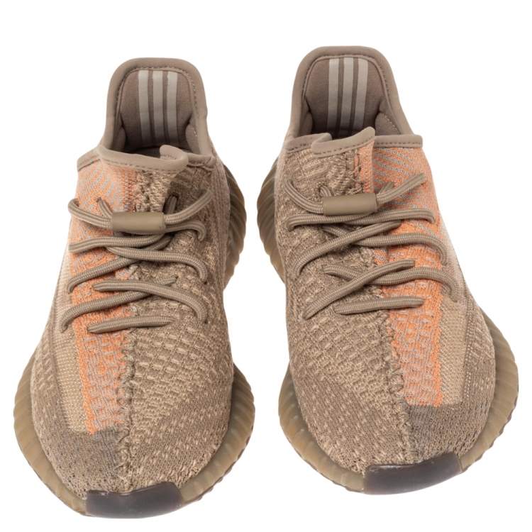 Pre Owned Yeezy x Adidas Brown Knit Fabric Boost 350 V2 Sand Taupe Sneakers Size 38 2/3