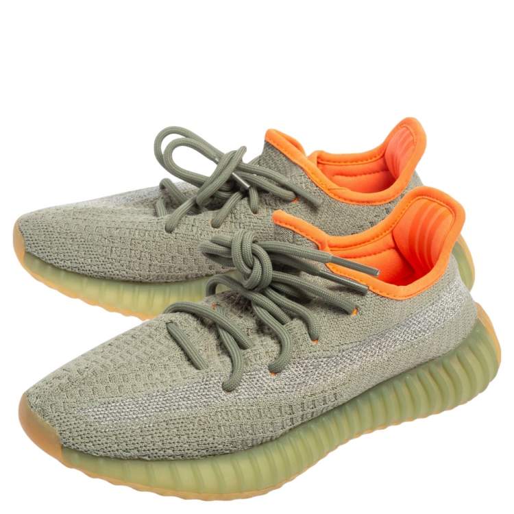 Pre Owned Yeezy x Adidas Green/Grey Cotton Knit Fabric Boost 350 V2 Desert Sage Reflective Sneakers Size 37