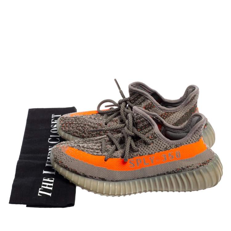 Pre Owned Yeezy x adidas Grey/Orange Knit Fabric Boost 350 V2 Beluga Sneakers Size 37.5