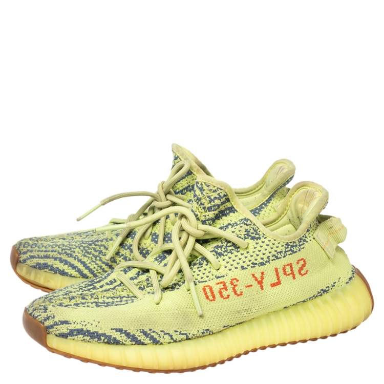 Pre Owned Yeezy x Adidas Boost 350 V2 Semi Frozen Green Knit Fabric Lace Up Sneakers Size 40