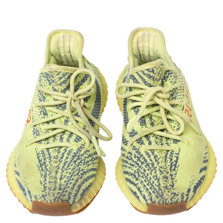 Pre Owned Yeezy x Adidas Boost 350 V2 Semi Frozen Green Knit Fabric Lace Up Sneakers Size 40