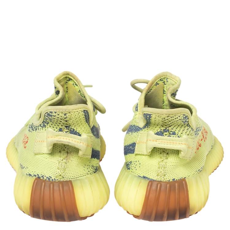 Pre Owned Yeezy x Adidas Boost 350 V2 Semi Frozen Green Knit Fabric Lace Up Sneakers Size 40