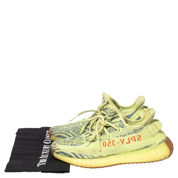 Pre Owned Yeezy x Adidas Boost 350 V2 Semi Frozen Green Knit Fabric Lace Up Sneakers Size 40