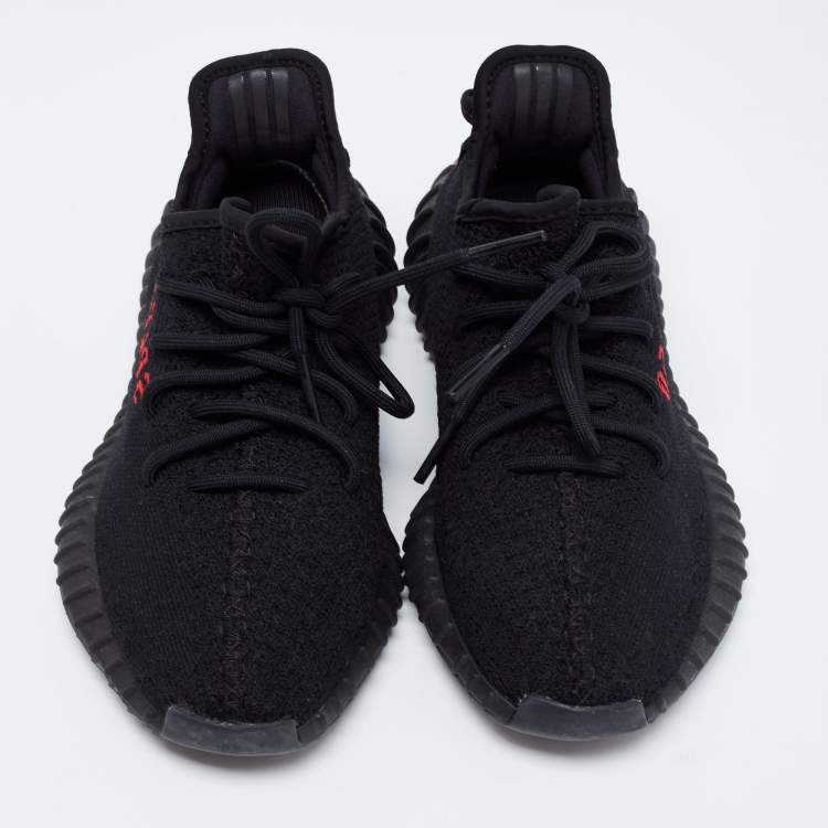 Pre Owned Yeezy x Adidas Black/Red Knit Fabric Boost 350 V2 Bred Sneakers Size 38