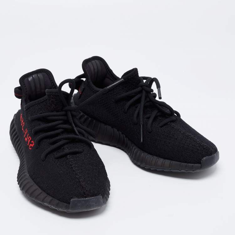 Pre Owned Yeezy x Adidas Black/Red Knit Fabric Boost 350 V2 Bred Sneakers Size 38