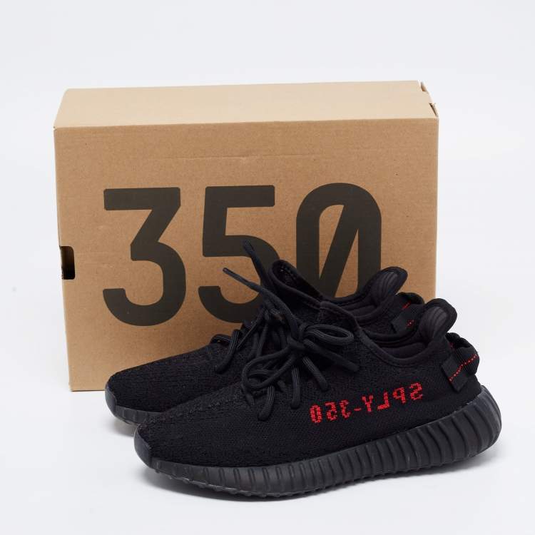 Pre Owned Yeezy x Adidas Black/Red Knit Fabric Boost 350 V2 Bred Sneakers Size 38