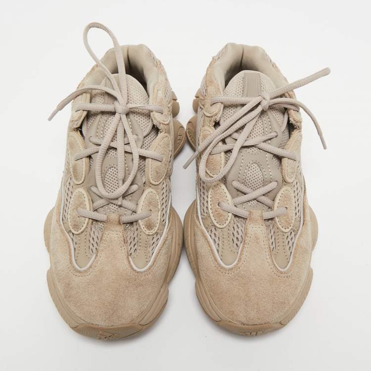 Pre Owned Yeezy x Adidas Beige Knit Fabric and Suede Boost 350 V2 Static Sneakers Size 38 2/3