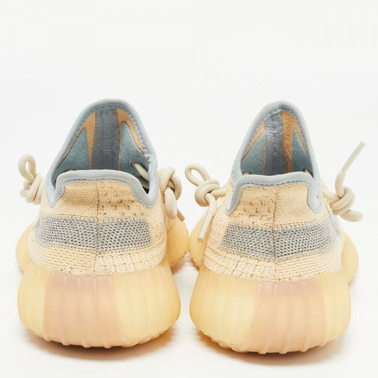 Pre Owned Yeezy x Adidas Light Yellow/Blue Knit Fabric Boost 350 V2 Linen Sneakers Size 38 2/3