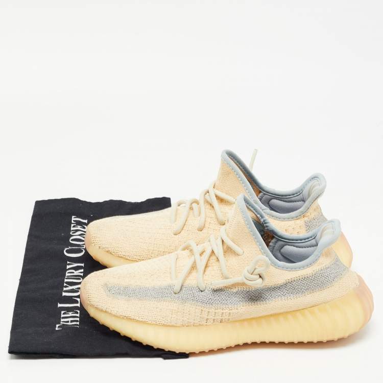 Pre Owned Yeezy x Adidas Light Yellow/Blue Knit Fabric Boost 350 V2 Linen Sneakers Size 38 2/3