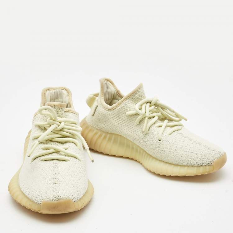 Pre Owned Yeezy x Adidas Green Knit Fabric Boost 350 V2 Sesame Sneakers Size 38 2/3