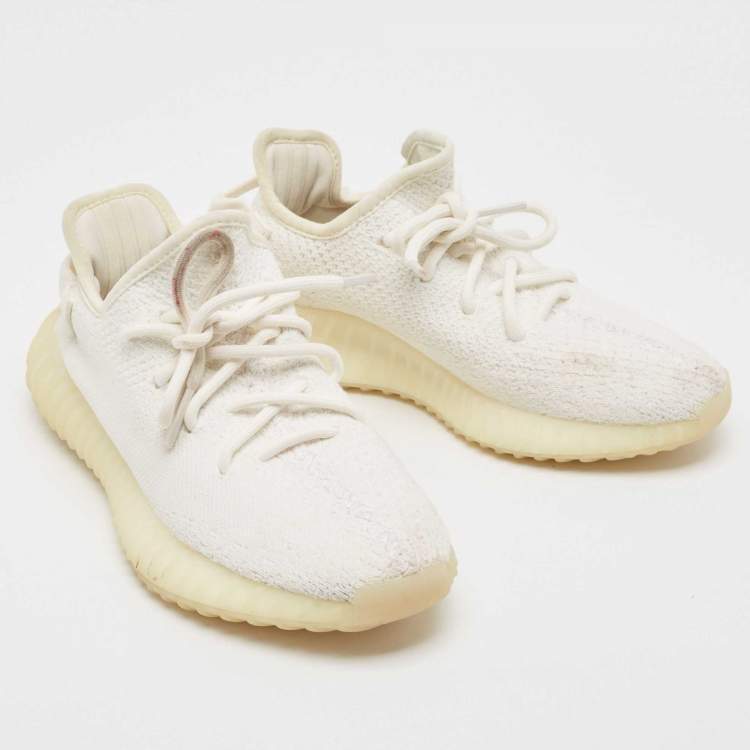 Pre Owned Yeezy x Adidas Cotton Knit Boost 350 V2 Triple White Sneakers Size FR 37 1/3 