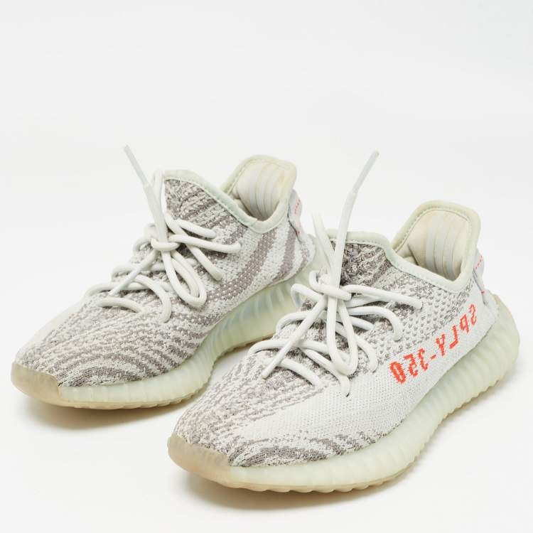 Pre Owned Yeezy x Adidas Grey/Blue Knit Fabric Boost 350 V2 Blue Tint Sneakers Size 37 1/3