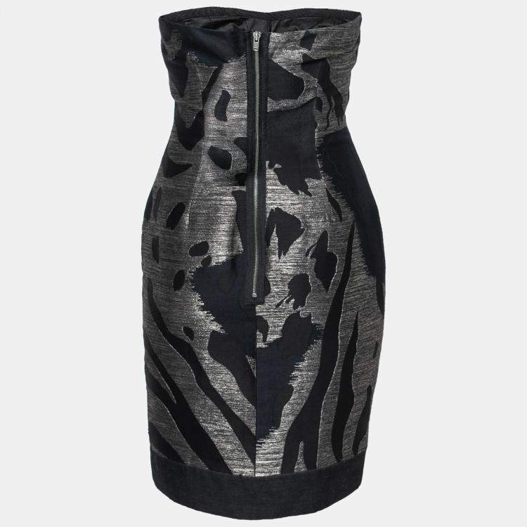 Pre Owned Yigal Azrouel Black and Bronze Wool Jacquard Strapless Dress S