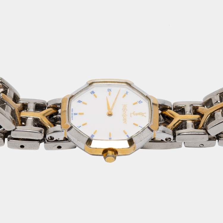 Pre Owned Yves Saint Laurent White Two Tone Stainless Steel Women's Wristwatch 23 mm 