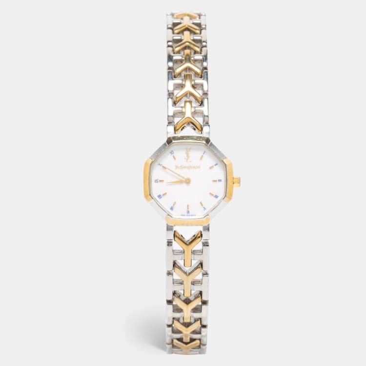Pre Owned Yves Saint Laurent White Two Tone Stainless Steel Women's Wristwatch 23 mm 