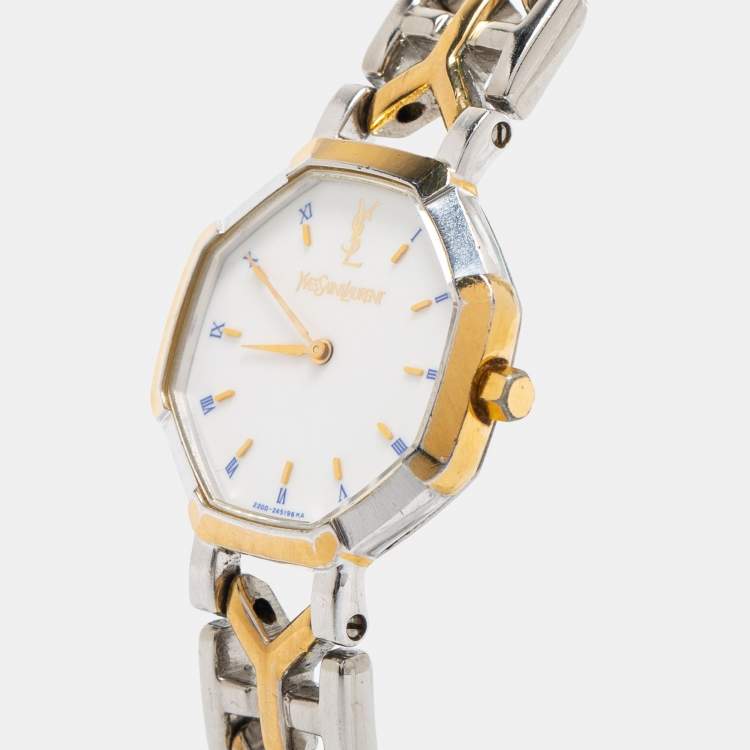 Pre Owned Yves Saint Laurent White Two Tone Stainless Steel Women's Wristwatch 23 mm 