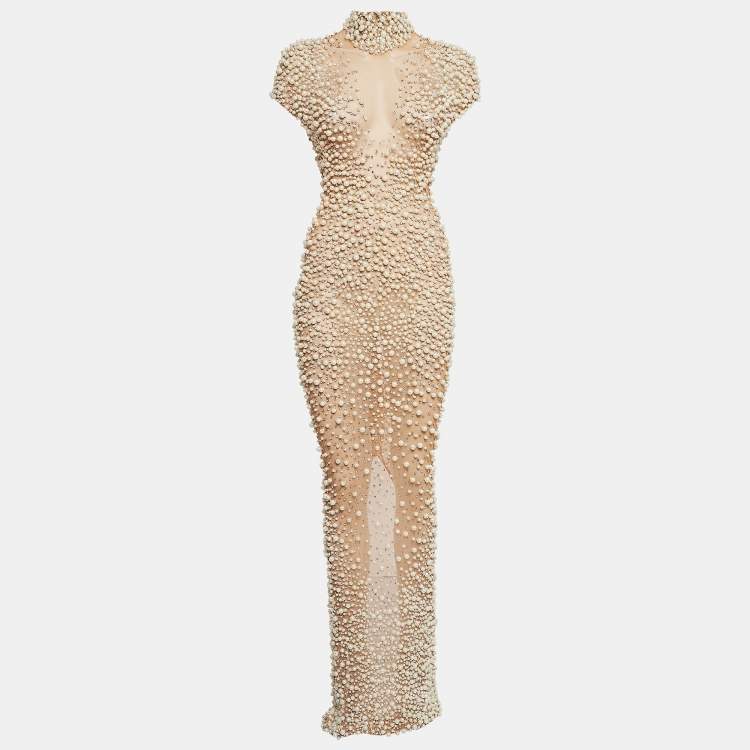 Pre Owned Yousef Al Jasmi Cream Pearl Embellished Tulle Sheer Evening Dress S