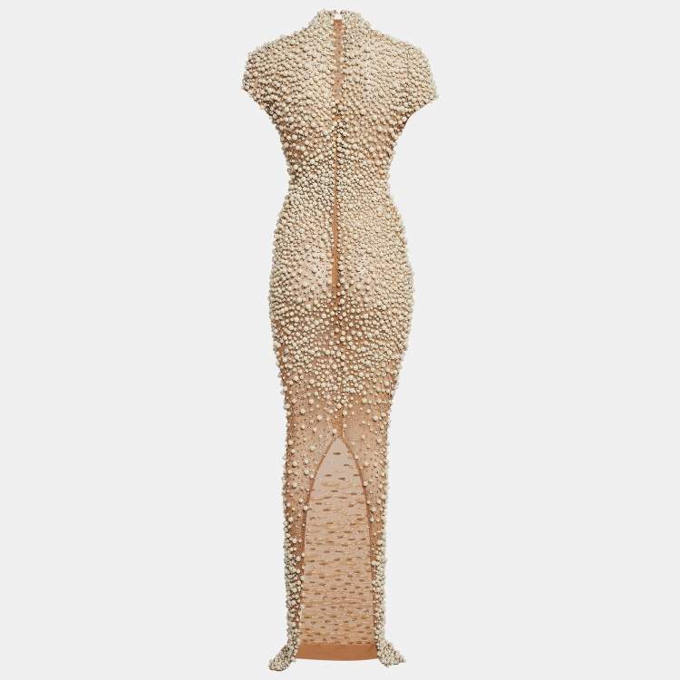 Pre Owned Yousef Al Jasmi Cream Pearl Embellished Tulle Sheer Evening Dress S