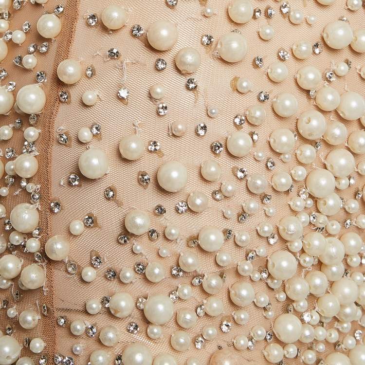 Pre Owned Yousef Al Jasmi Cream Pearl Embellished Tulle Sheer Evening Dress S