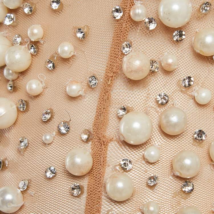 Pre Owned Yousef Al Jasmi Cream Pearl Embellished Tulle Sheer Evening Dress S