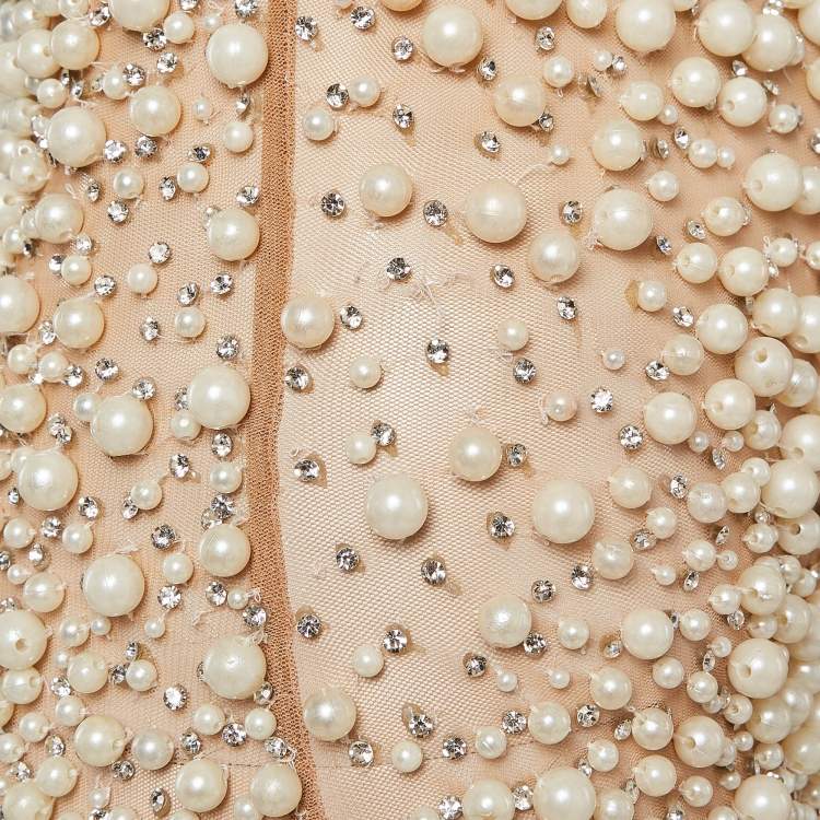 Pre Owned Yousef Al Jasmi Cream Pearl Embellished Tulle Sheer Evening Dress S