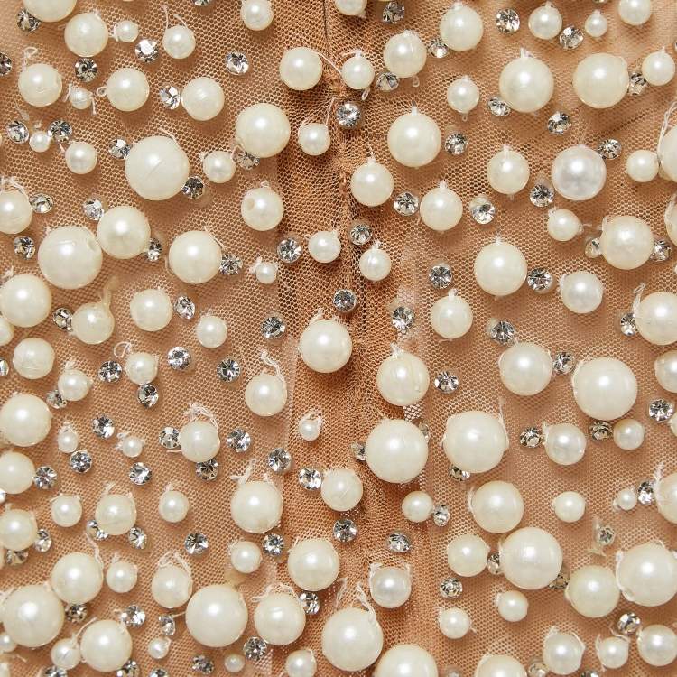 Pre Owned Yousef Al Jasmi Cream Pearl Embellished Tulle Sheer Evening Dress S