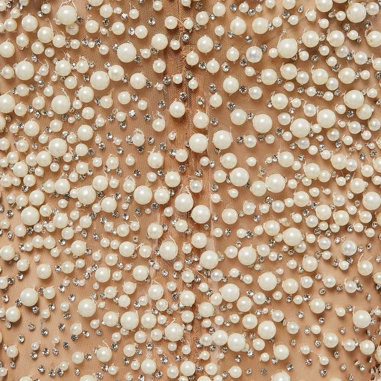 Pre Owned Yousef Al Jasmi Cream Pearl Embellished Tulle Sheer Evening Dress S