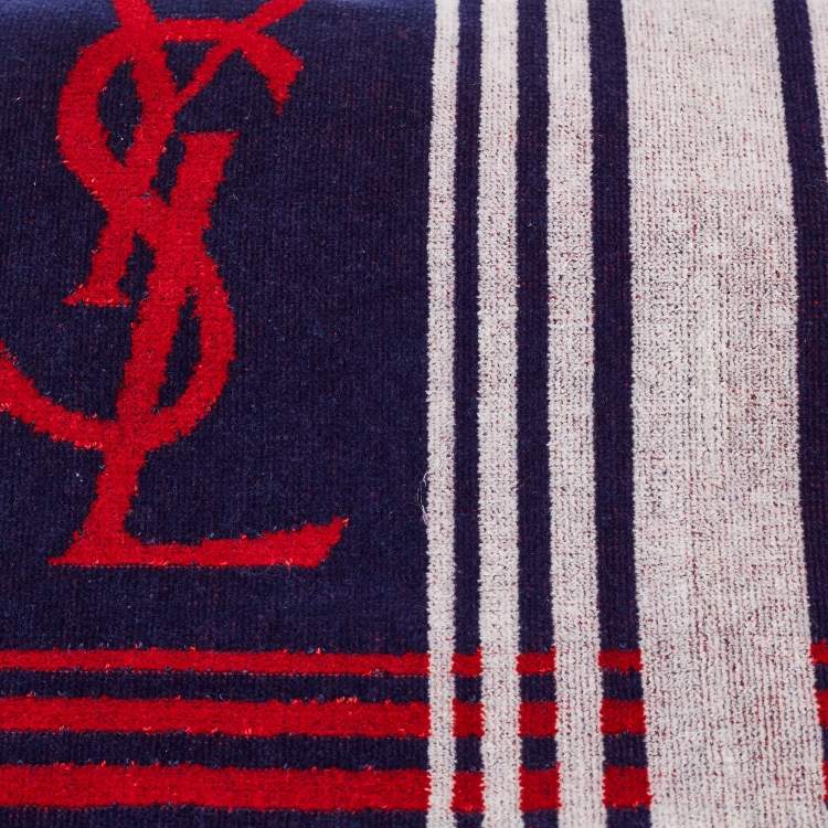 Pre Owned Yves Saint Laurent Vintage Red/Navy Blue Logo Patterned Terry Towel 