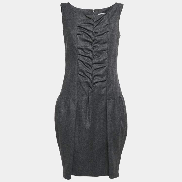 Pre Owned Yves Saint Laurent Dark Grey Wool Smock Detail Sleeveless Mini Dress M