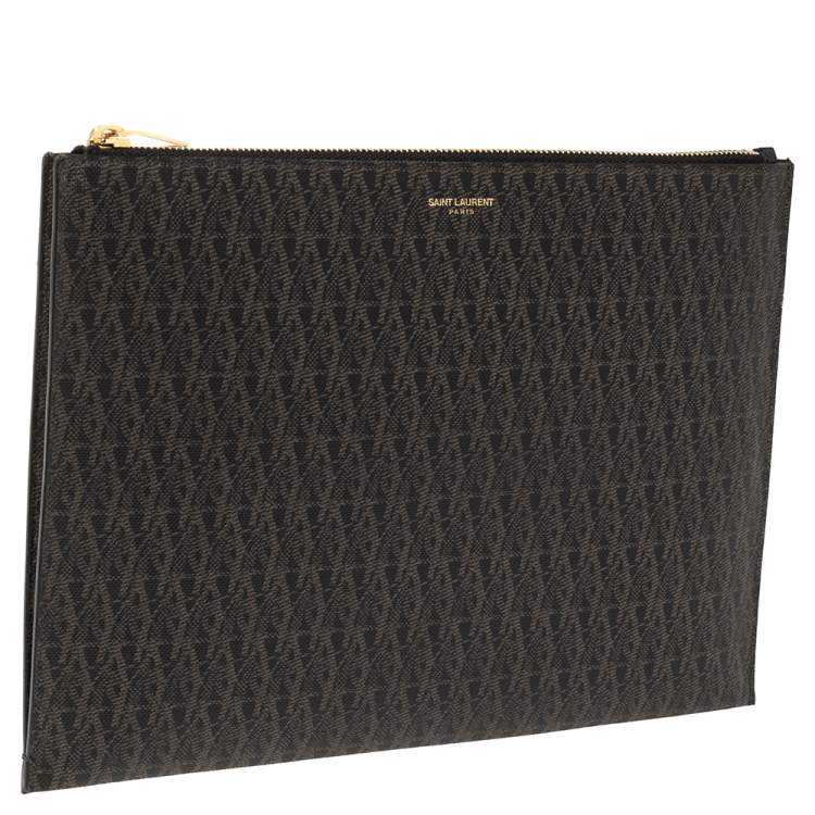 مملوكة مسبقًا Saint Laurent Brown Coated Canvas Monogram Zip Pouch