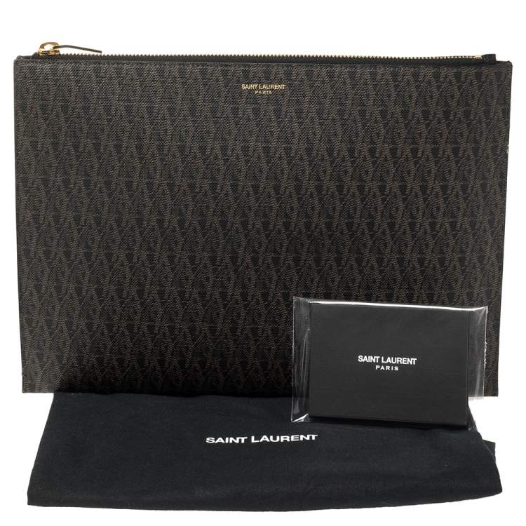 مملوكة مسبقًا Saint Laurent Brown Coated Canvas Monogram Zip Pouch