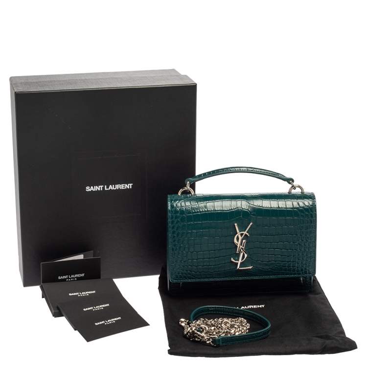 Pre Owned Saint Laurent Green Croc Embossed Leather Sunset Crossbody Bag