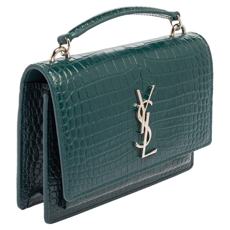 Pre Owned Saint Laurent Green Croc Embossed Leather Sunset Crossbody Bag
