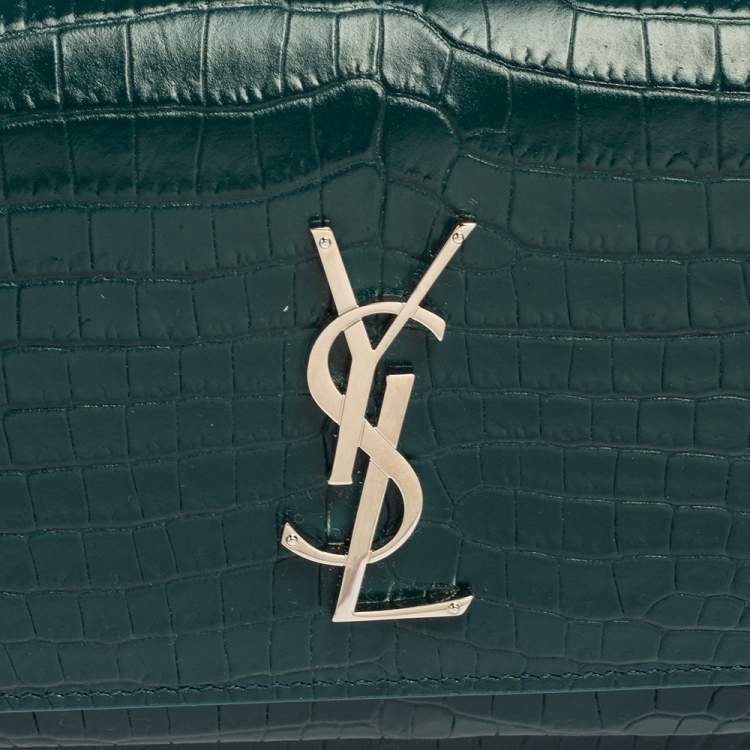 Pre Owned Saint Laurent Green Croc Embossed Leather Sunset Crossbody Bag